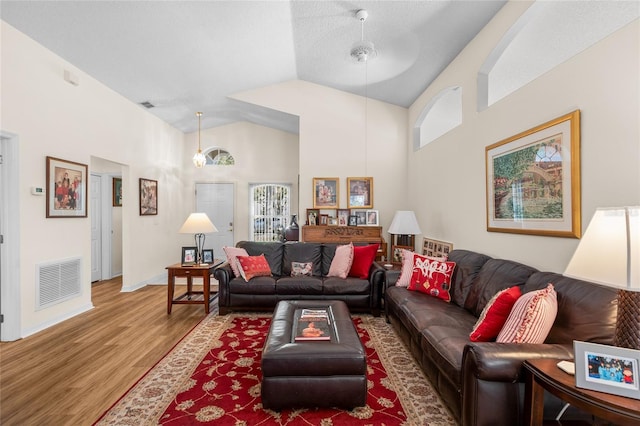 living room with a textured ceiling, lofted ceiling, and hardwood / wood-style flooring