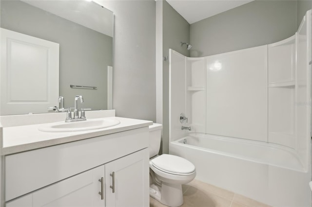 full bathroom featuring bathtub / shower combination, tile patterned floors, vanity, and toilet