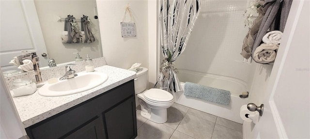 full bathroom with tile patterned flooring, vanity, toilet, and shower / bathtub combination with curtain