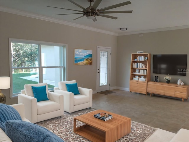 living room with ceiling fan and crown molding