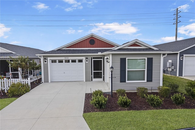 ranch-style house with a garage and a front lawn