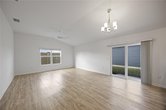 unfurnished room featuring light wood-type flooring, ceiling fan with notable chandelier, and lofted ceiling