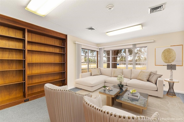 carpeted living room featuring a textured ceiling