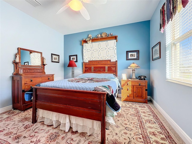 bedroom featuring ceiling fan and multiple windows