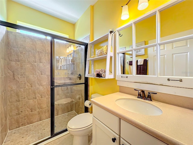 bathroom with vanity, toilet, and walk in shower