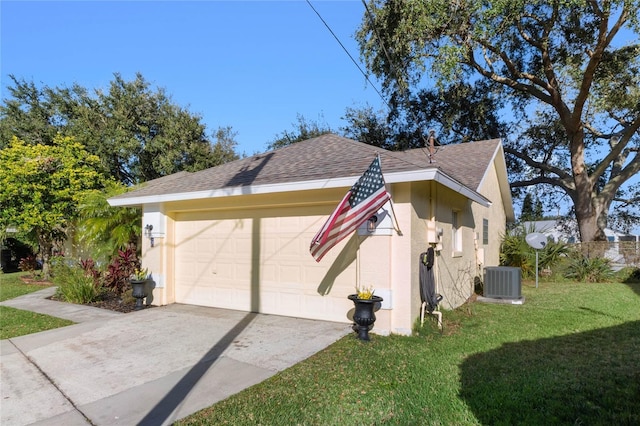 view of property exterior with a garage, a lawn, and central air condition unit