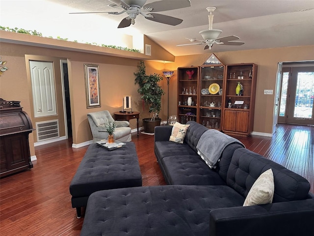 living room featuring dark hardwood / wood-style floors, ceiling fan, and lofted ceiling