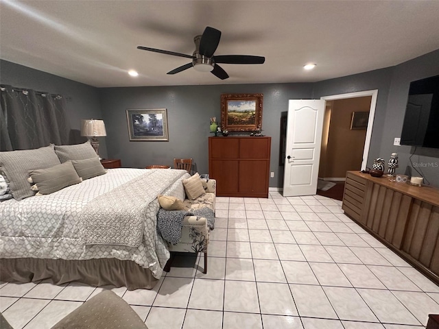 bedroom featuring ceiling fan and light tile patterned flooring