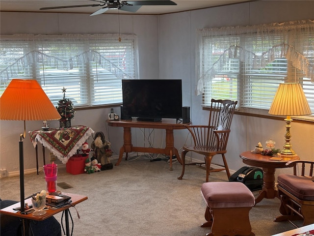 interior space with carpet and ceiling fan