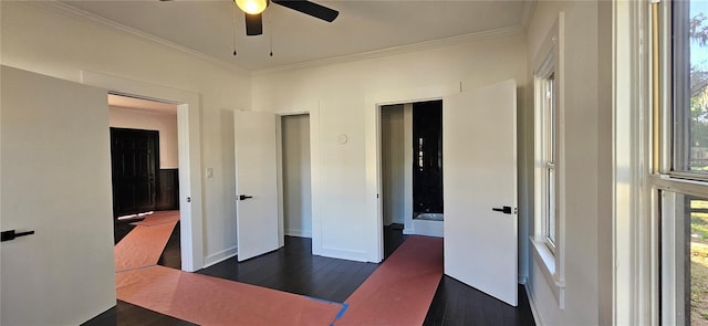 interior space with ornamental molding, dark hardwood / wood-style flooring, ceiling fan, and a healthy amount of sunlight