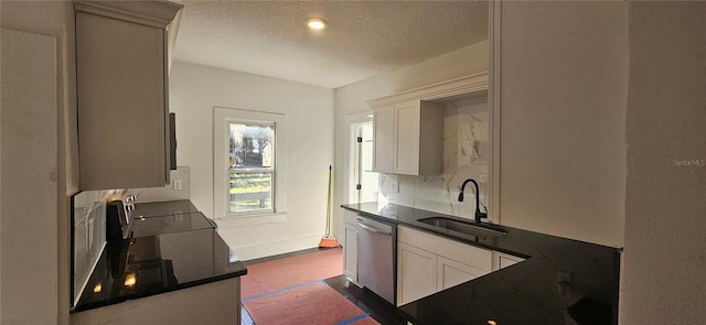 kitchen featuring decorative backsplash, stainless steel dishwasher, a textured ceiling, sink, and white cabinetry