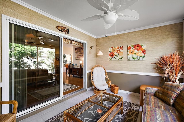 interior space featuring tile patterned floors and ornamental molding