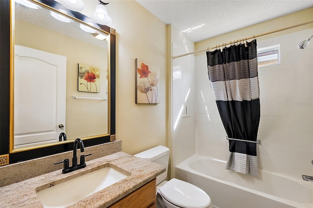 full bathroom with a textured ceiling, toilet, vanity, and shower / bath combination with curtain