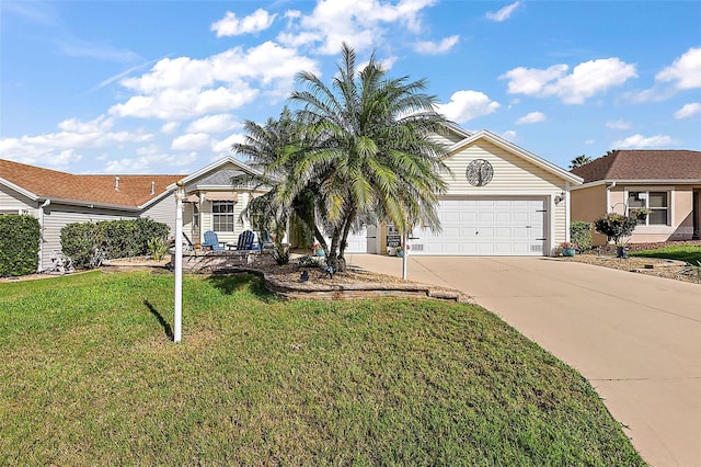 single story home featuring a garage and a front yard