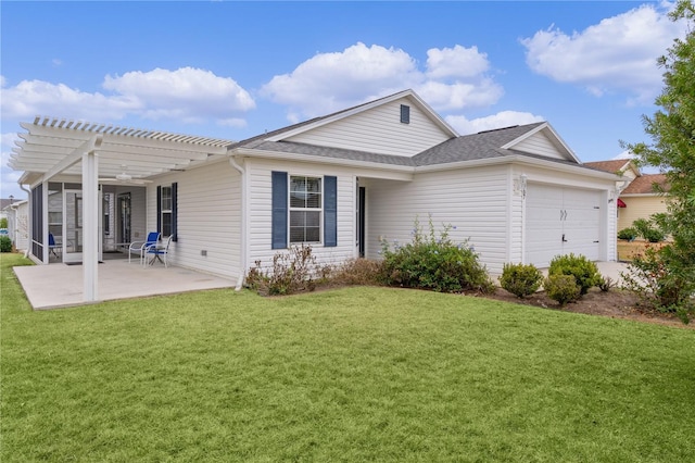 exterior space with a patio, a garage, a pergola, and a front yard