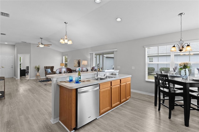 kitchen with pendant lighting, dishwasher, sink, and a center island with sink