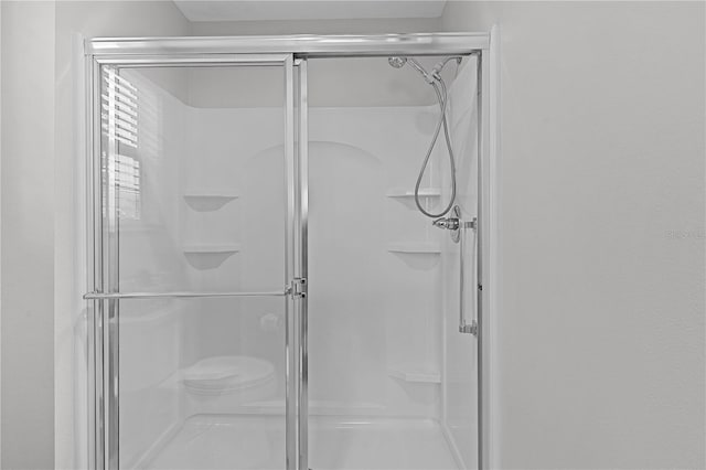 bathroom with a shower with shower door