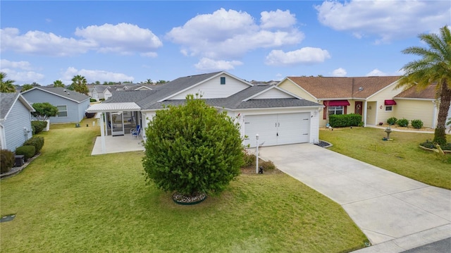 ranch-style home with a garage, a front yard, and a patio area