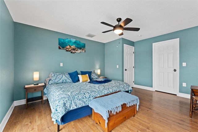 bedroom featuring ceiling fan and wood-type flooring