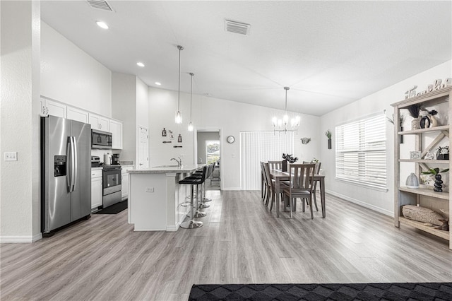 kitchen featuring a kitchen bar, stainless steel appliances, a kitchen island with sink, white cabinetry, and hanging light fixtures