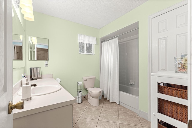 full bathroom with a textured ceiling, vanity, shower / bathtub combination with curtain, tile patterned flooring, and toilet