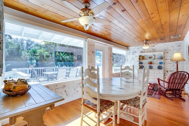 dining space with ceiling fan, light hardwood / wood-style flooring, and wood ceiling