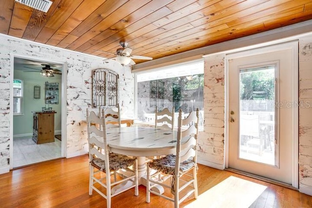 dining room featuring hardwood / wood-style floors and wooden ceiling