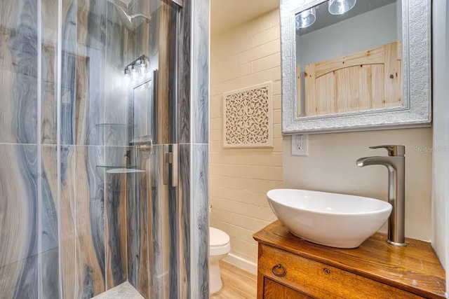 bathroom with vanity, toilet, tile walls, and a stall shower