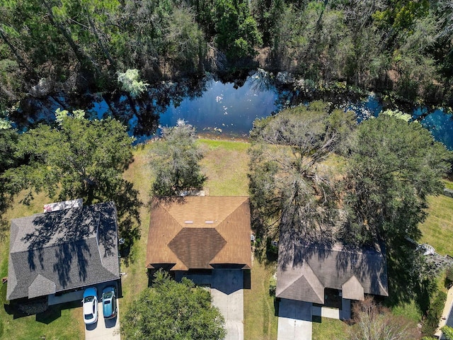 drone / aerial view with a water view