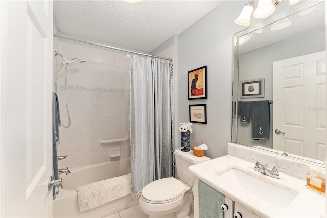 full bathroom featuring tile patterned floors, vanity, a textured ceiling, shower / bathtub combination with curtain, and toilet