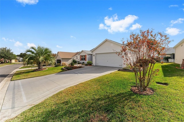 ranch-style house with a garage and a front lawn