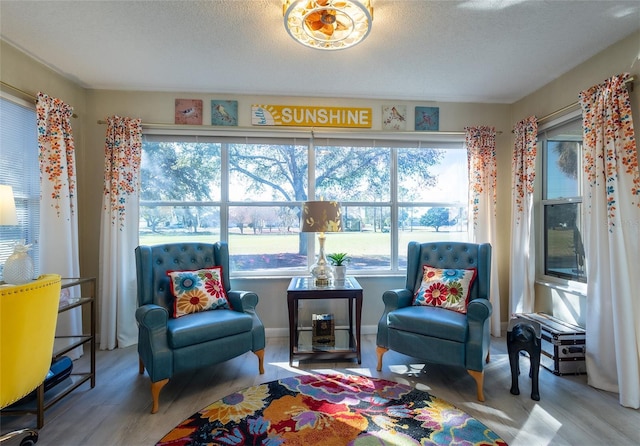 sitting room with a textured ceiling and light hardwood / wood-style floors