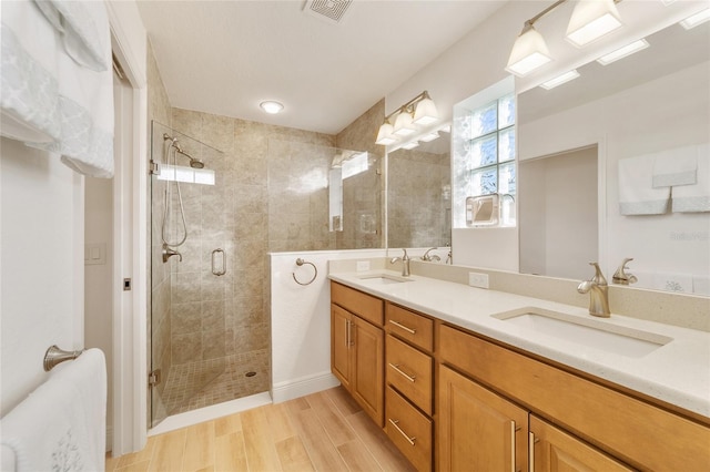 bathroom featuring vanity and a shower with door