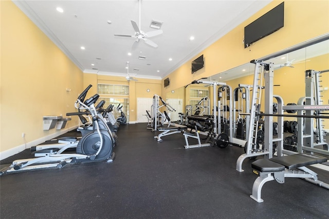 workout area featuring ceiling fan and crown molding