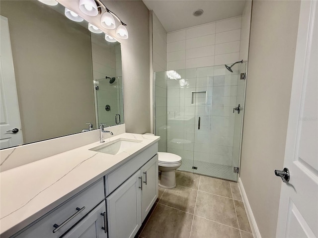 bathroom featuring tile patterned flooring, vanity, toilet, and an enclosed shower