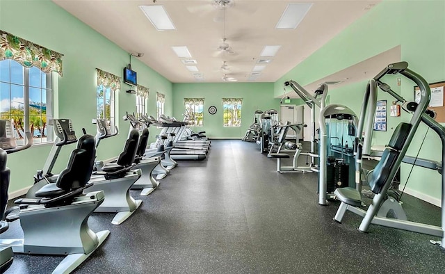 workout area with ceiling fan