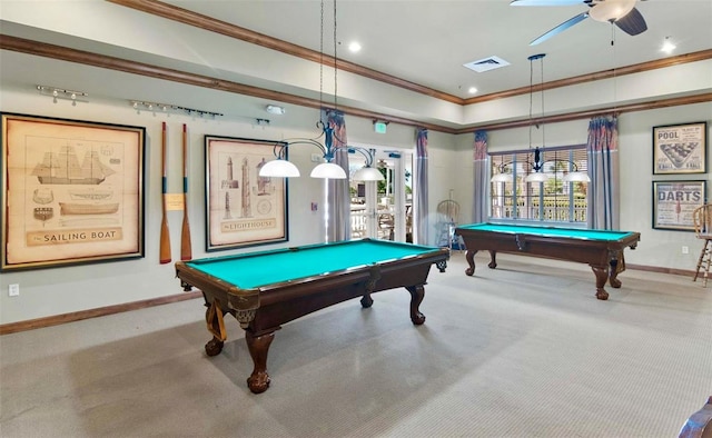 playroom with carpet flooring, ceiling fan, crown molding, and pool table