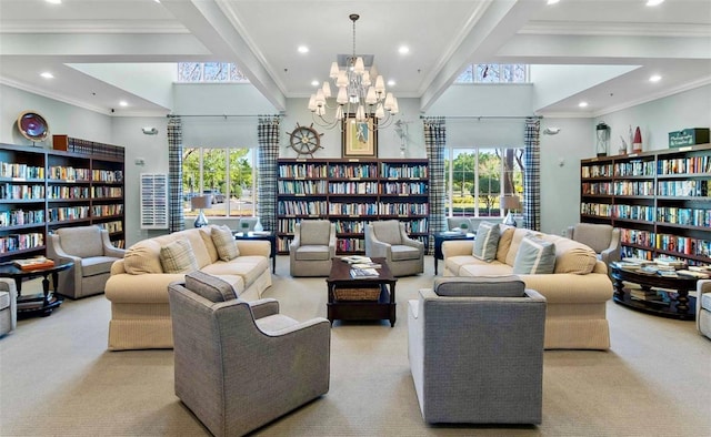 living room with crown molding, light colored carpet, and a notable chandelier