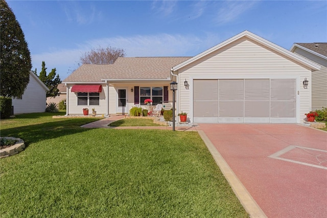 ranch-style home with a front lawn, covered porch, and a garage