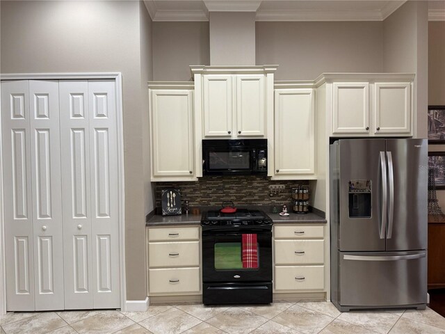 kitchen featuring decorative backsplash, crown molding, light tile patterned floors, and black appliances