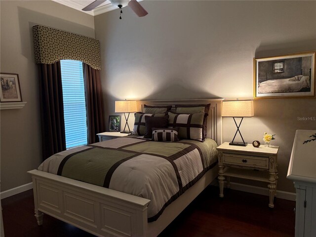 bedroom featuring ceiling fan and dark hardwood / wood-style flooring