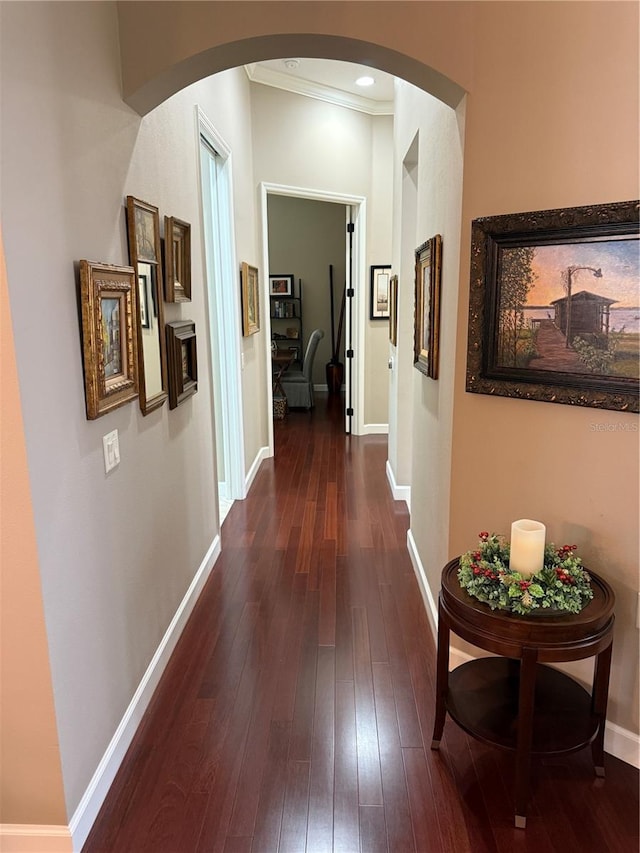 hallway with dark hardwood / wood-style floors and ornamental molding