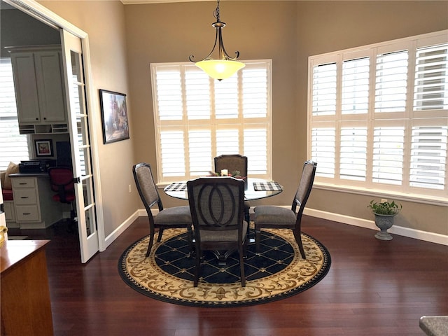 dining space featuring a wealth of natural light and dark hardwood / wood-style floors