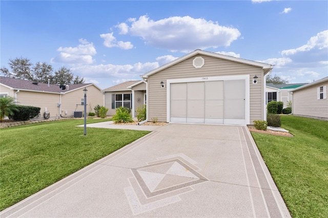 single story home featuring cooling unit, a garage, and a front lawn