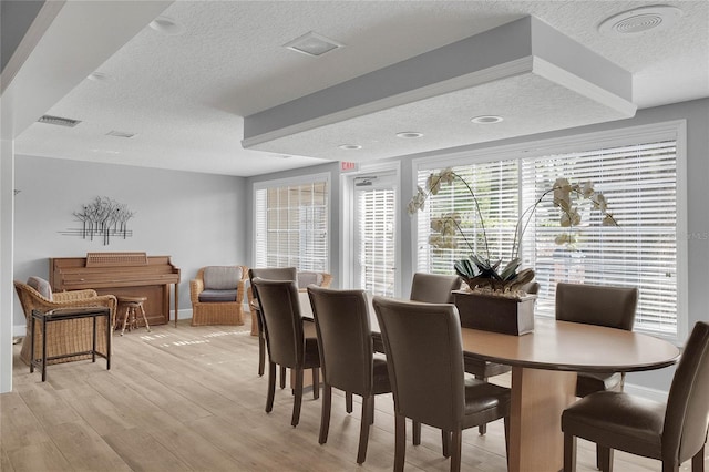 dining room with a healthy amount of sunlight, a textured ceiling, and light wood-type flooring