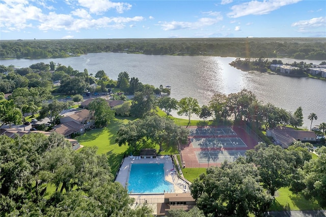 drone / aerial view with a water view