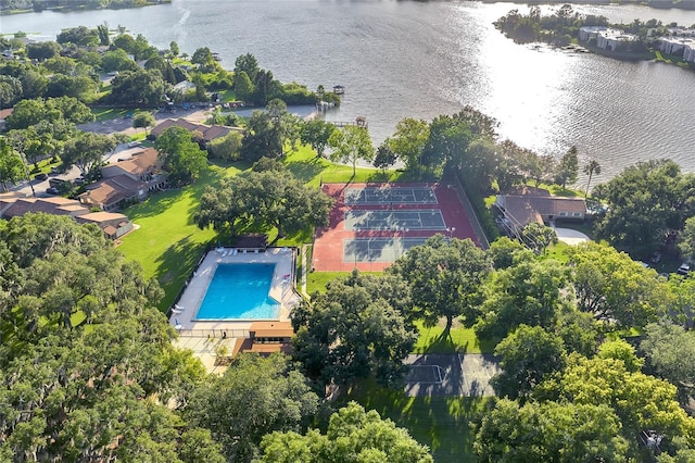 birds eye view of property featuring a water view