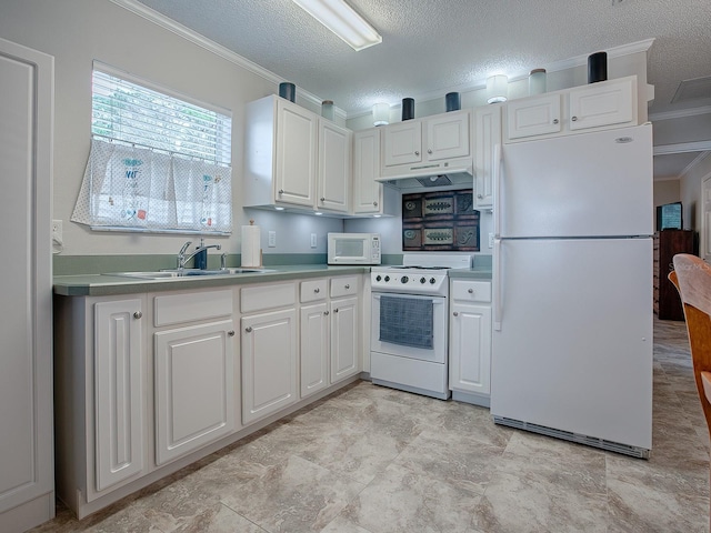 kitchen with white cabinets, white appliances, ornamental molding, and range hood