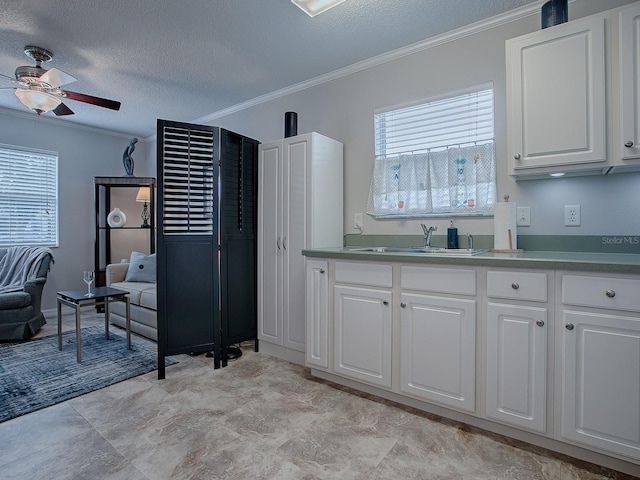 kitchen featuring white cabinets, crown molding, sink, ceiling fan, and a textured ceiling