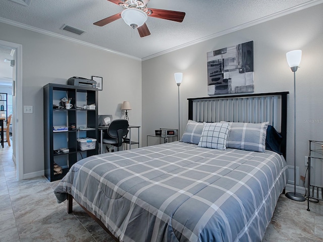 bedroom featuring ceiling fan, ornamental molding, and a textured ceiling